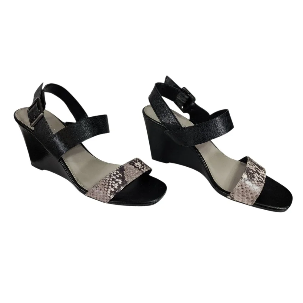 Franco Sarto Hooper Wedge Sandals 9 Black Snake Print Leather Ankle Strap Church